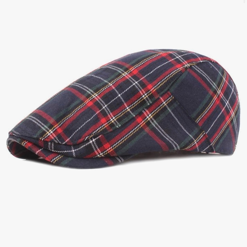 3 pieces Classic Plaid Flat Cap - Navy & Red
